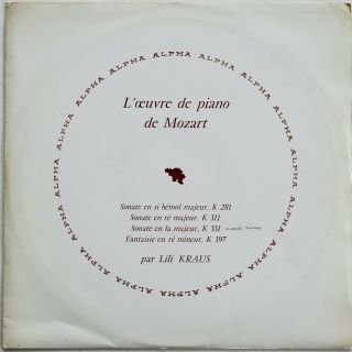 Mozart Piano Works/sonatas Lili Kraus Alpha Db 115 French Lp Rare