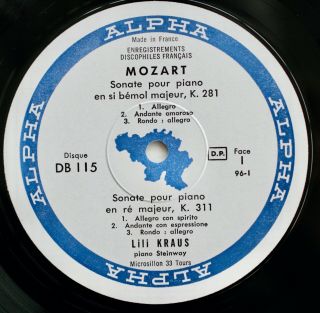 MOZART Piano Works/Sonatas LILI KRAUS Alpha DB 115 French LP RARE 2