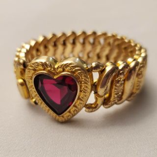 American Queen Pitman Keeler Sweetheart Gold Tone Wrist Bracelet Red Ruby Heart
