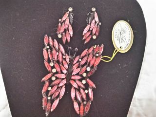 Exquisite Large Japanned Red & Pink Butterfly Brooch And Earring Set W/tag
