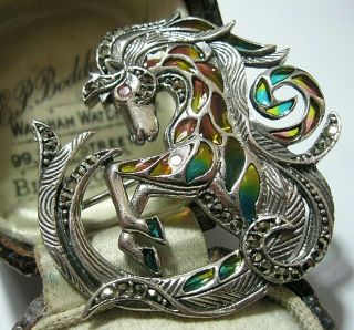 Sterling Silver Art Nouveau Style Plique A Jour Enamel Neptune Horse Brooch