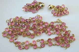 Pink Bezel Set Crystal Necklace 52 " Long Earrings Clip On Gold Plated Links