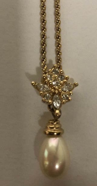Christian Dior Gold Tone Necklace With Faux Pearl And Rhinestones.  17”.  Look