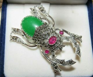 Sterling Silver Ruby Jade & Marcasite Scarab Stag Beetle Bug Insect Brooch Pin