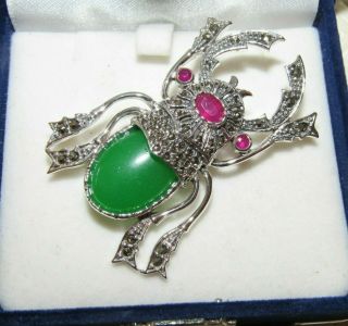STERLING SILVER RUBY JADE & MARCASITE SCARAB STAG BEETLE BUG INSECT BROOCH PIN 2