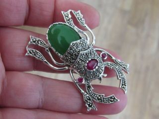 STERLING SILVER RUBY JADE & MARCASITE SCARAB STAG BEETLE BUG INSECT BROOCH PIN 3