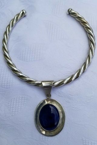Early Taxco Mexican Sterling Silver 925 Heavy Huge Blue Lapis Pendand Necklace