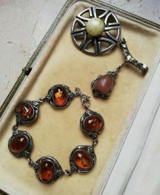 Arts And Crafts Bundle 1930 Onwards Silver Bracelet With Amber And 2 Brooches