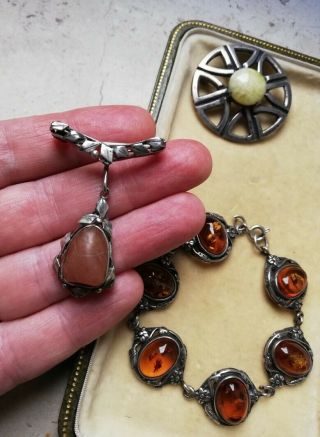 Arts and Crafts bundle 1930 onwards silver bracelet with amber and 2 brooches 2