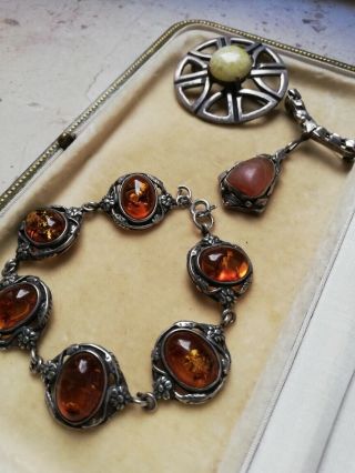 Arts and Crafts bundle 1930 onwards silver bracelet with amber and 2 brooches 3