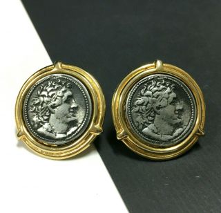 Largevintage P.  E.  P.  Roman Coin Clip Earrings Gold Plated Two Tone Silver Xx6e