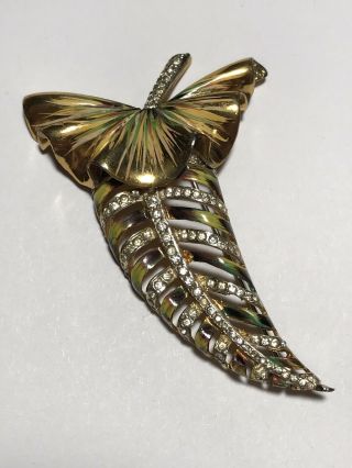Sterling Silver Coro Craft Enameled Rhinestone Leaf Brooch Missing 1 Stone