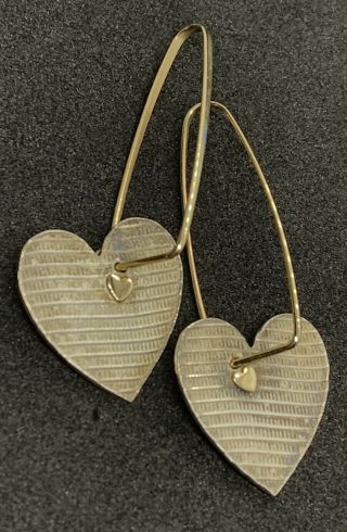 Estate Ed Levin 14k Solid Gold & Sterling Silver,  Gold Heart Hoop Drop Earrings