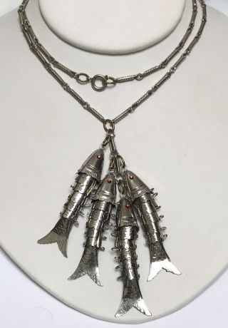 Cool Vintage Silver Tone Articulated Fish Statement Necklace
