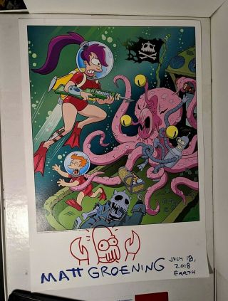 Futurama 13 " X19 " Print Signed By Matt Groening With Sketch Dr.  Zoidberg - Sdcc