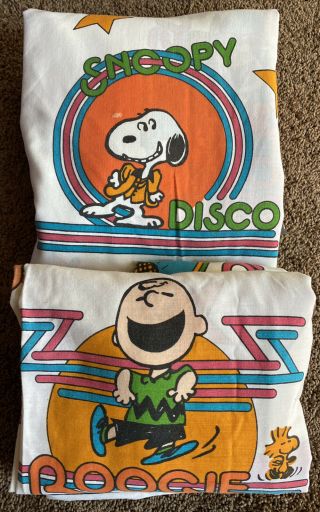 Vtg Peanuts Disco Dancing Twin Flat & Fitted Sheet Set Charlie Brown Snoopy Lucy