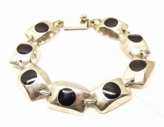 Vtg Sterling Silver Onyx Inlay Link Bracelet Modernist Taxco Mexico Geometric