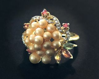 Vintage Estate Rococo Ring Pearl Cluster,  Tourmaline Sterling Silver/gold Sz - 8