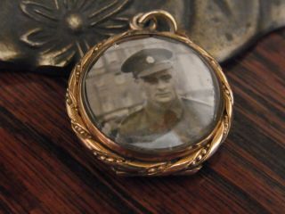 Edwardian Gold Plated Photo Locket Soldier Pendant Mourning Jewellery 1900s