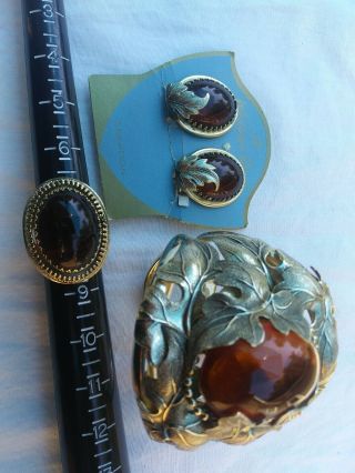 Vintage Whiting & Davis /hinged Bracelet,  Ring,  And Earrings.  Amber,