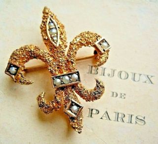 Fine Victorian 10k Gold French Fleur De Lis Watch Pin Seed Pearls,  2.  15 Grams