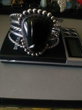 Large Sterling Silver Bracelet With Obsidian Face