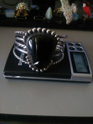 Large Sterling Silver Bracelet With Obsidian Face 2