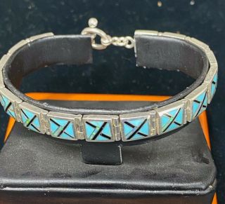 Vintage Sterling Silver Turquoise Inlay Linked Bracelet 7 Inches
