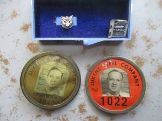 Two 1940s Lukens Steel Co. ,  Coatesville Pa Id Badges,  2 Other Pins