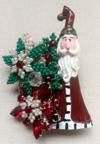 Christmas Old Fashioned Santa Signed Stanley Hagler Brooch Pin Figural Xmas
