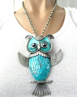 Gorgeous Huge Turquoise Blue Mechnical Owl Vintage Necklace