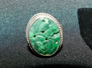 Vintage Sterling Silver Carved Green Jade Ring Size 10