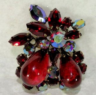 Vtg Regency Ruby Red Ab Rs Lg Red Blown Double Art Glass Stones Brooch Pin