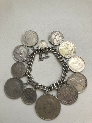 Vintage Sterling Silver Coin Bracelet Real Coins From Around The World 1874 - 1958
