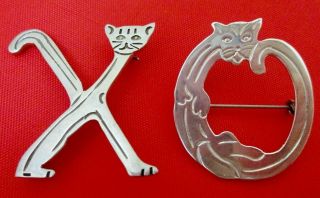 Vintage Cat Kitten Sterling Hugs Kisses Letter Pin X O Brooch Mexico 925 Silver