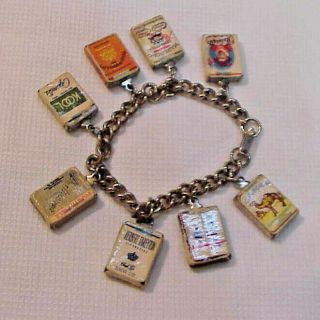 Vintage 1950s Charm Bracelet W/ 8 Miniature Cigarette Pack Charms