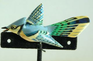 Sweet Large Vintage Takahashi Style Carved Wood Bird Blue Jay Pin Brooch