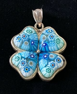 Authentic Millefiori Signed Sterling Silver Mosaic 4 Four Leaf Clover Pendant