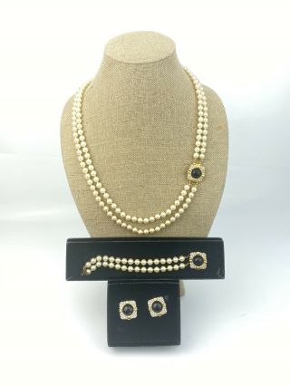 Joan Rivers 2 Strand Black Onyx Pearl Necklace,  Bracelet & Clip Earrings Set