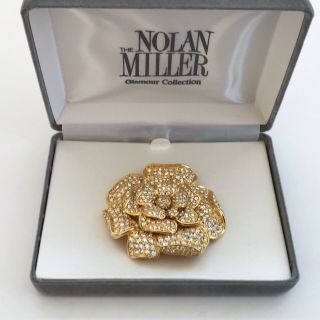 Vintage Signed Nolan Miller Gardenia Flower Crystal Brooch Pin Box