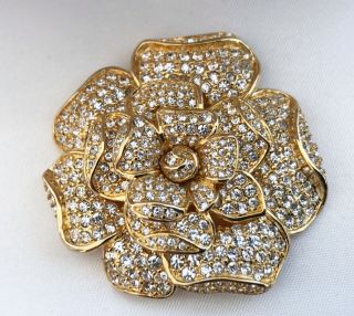 Vintage Signed Nolan Miller Gardenia Flower Crystal Brooch Pin box 3