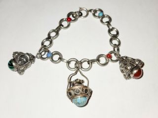 Vintage Sterling Silver Turquoise Jeweled Etruscan Revival Fob Charm Bracelet