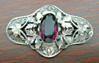 Large Antique Sterling Silver & Amethyst Glass W/ Grape Leaf Detail Sash Pin