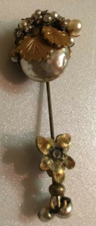 Vintage Miriam Haskell Stick Pin Signed Faux Baroque Pearls