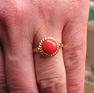 RING RED CORAL Yellow Silver Gold vintage ITALIAN Fine Cocktail S 8,  5 2