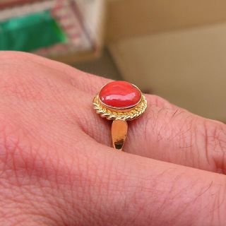 RING RED CORAL Yellow Silver Gold vintage ITALIAN Fine Cocktail S 8,  5 3