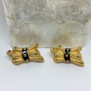 Vintage Fendi Signed Gold Plated And Black Enamel Clip On Earrings