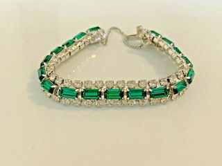 Vintage Kramer Ny Emerald Green & Clear Rhinestones Prong Set Bracelet 6 - 1/2 "