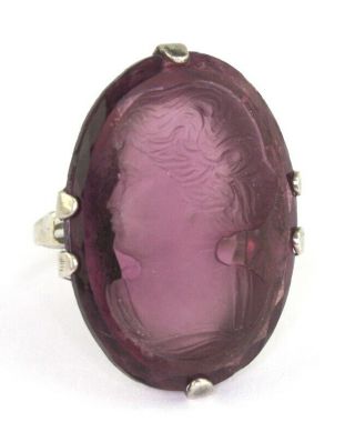 Art Deco Big Sterling Silver Amethyst Faceted Glass Intaglio Cameo Ring Sz 5