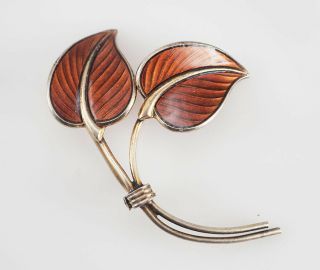 Vintage Hans Myhre Sterling Silver And Enamel Leaf Pin Brooch Norway